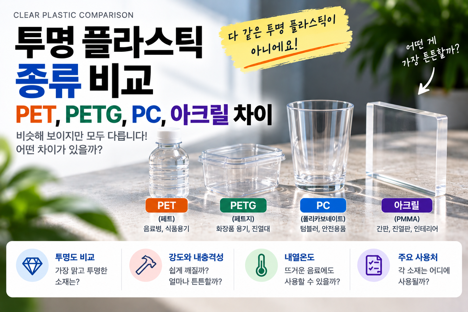 투명 플라스틱 종류 비교 PET, PETG, PC, 아크릴 차이